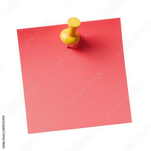  blank red sticky post it note with yellow pushpin isolated on white and transparent background.
