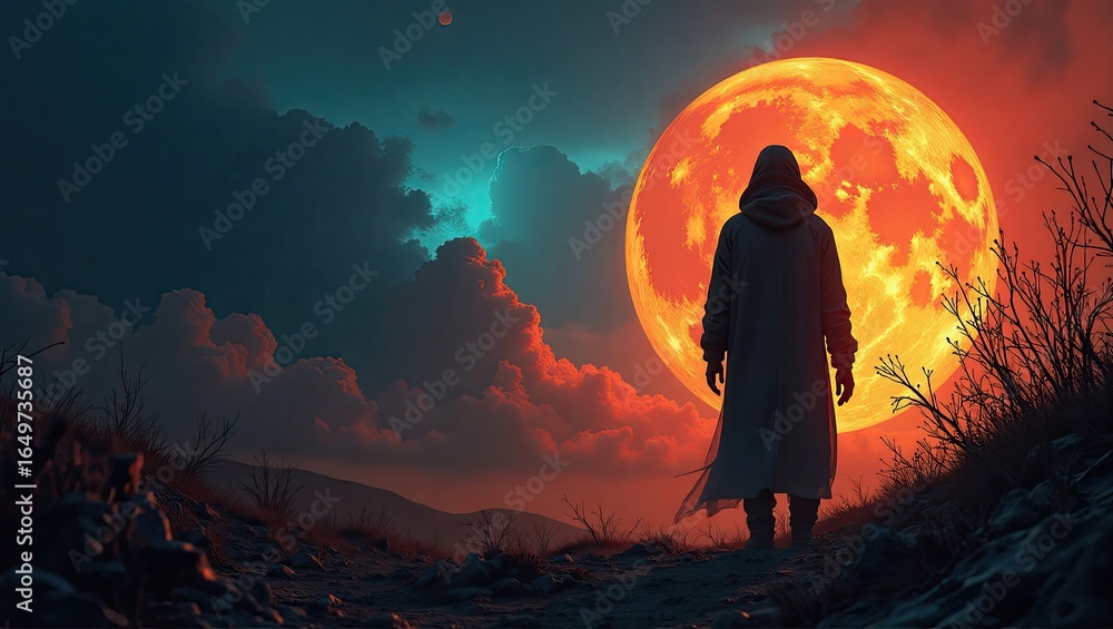 Obraz premium A solitary figure stands under a large, fiery moon.