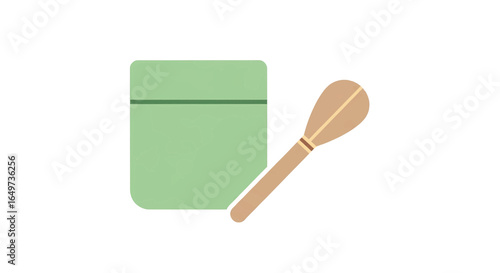 Minimalist vector icon of traditional Japanese matcha tea ceremony tools, a chasen bamboo whisk and a green powder caddy.