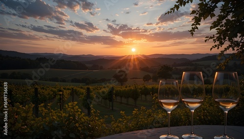 Sunset over vineyard with wine glasses in foreground