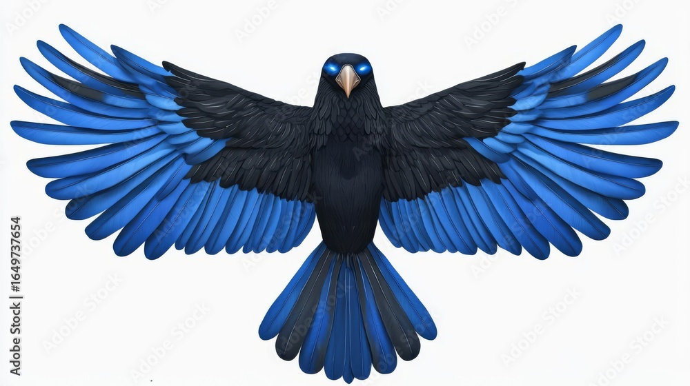 Naklejka premium A beautiful blue bird with vibrant feathers, wings spread wide against a white background, symbolizing freedom.