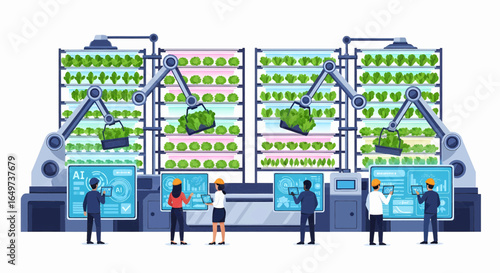 Automated Vertical Farm with Robotic Arms and Workers Monitoring the System