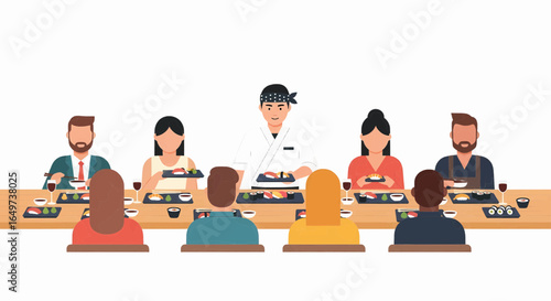 A diverse group of friends enjoying a communal Omakase dinner at a Japanese sushi restaurant with a chef serving fresh dishes.