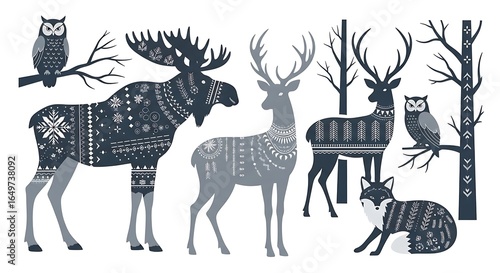 Winter Forest Animals in Folk Art Style with Detailed Patterns and Designs