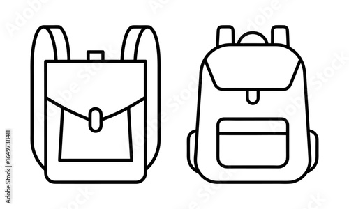 Two minimalist backpack illustrations, one with a flap design and one with a front pocket, representing school bags, hiking gear, and travel essentials