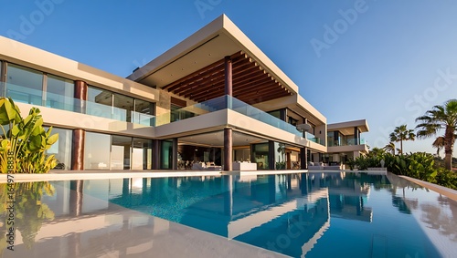 Wallpaper Mural Modern luxury villa with infinity pool and palm trees under blue sky Torontodigital.ca