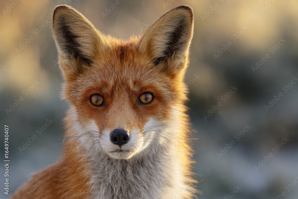 Obraz premium Red fox portrait showcasing distinctive ears and intense gaze in natural habitat during golden hour light