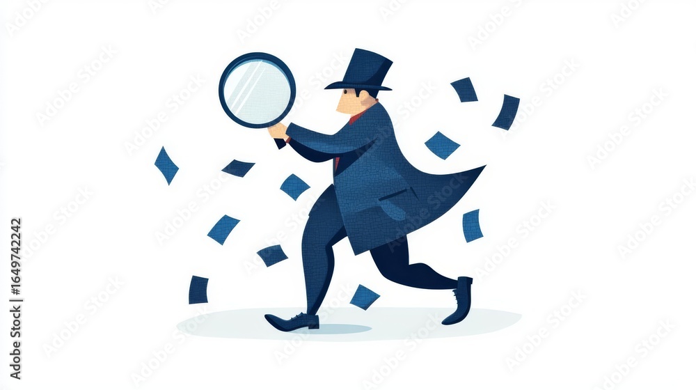 Obraz premium Illustration of a businessman in a top hat examining money with a magnifying glass. Focus on finance and investigation.