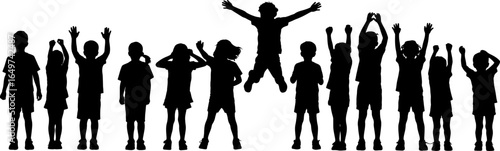 Group of happy children silhouette jumping and cheering isolated on white background