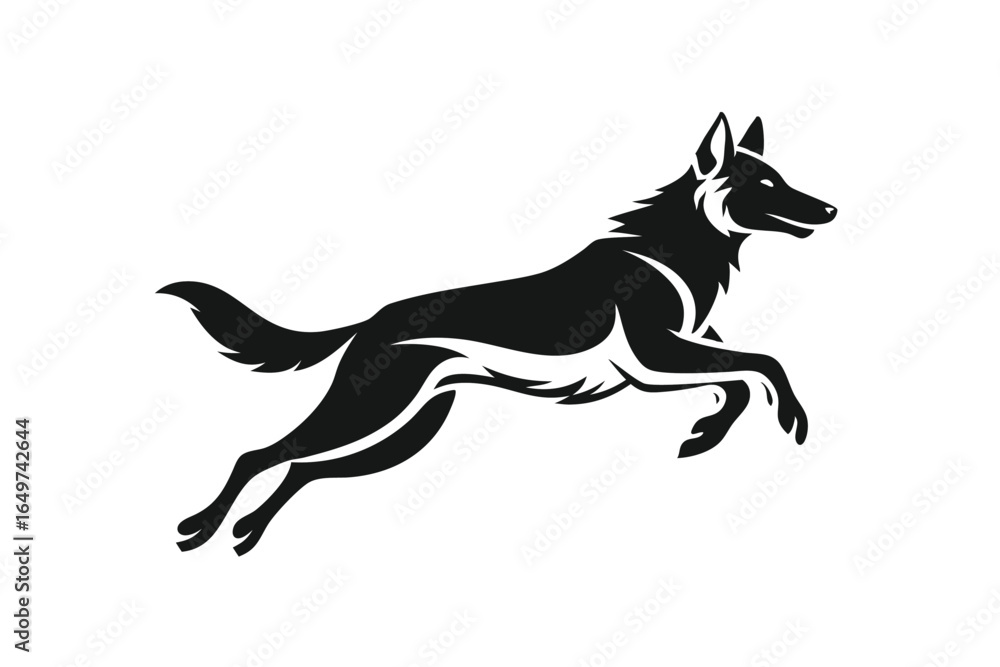 Fototapeta premium Silhouette of a Black Shepherd Dog Leaping Forward with Energy and Power