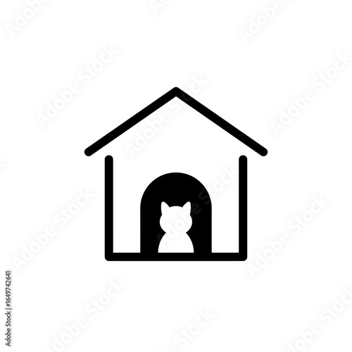 Minimalistic pet shelter icon of a cat sitting in a house outline