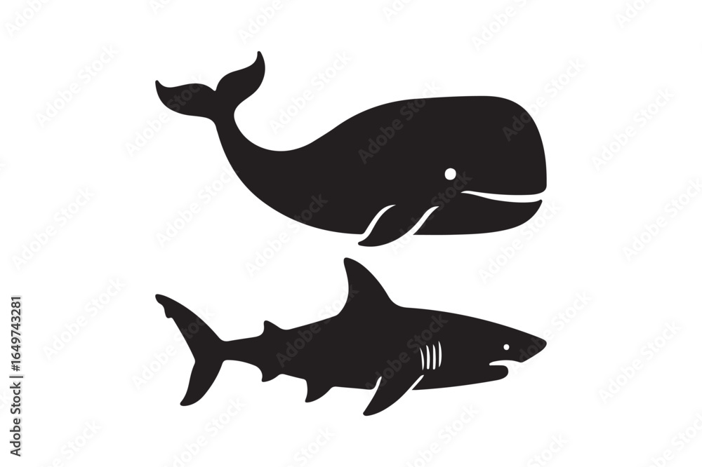 Obraz premium Silhouette of a whale and a shark swimming