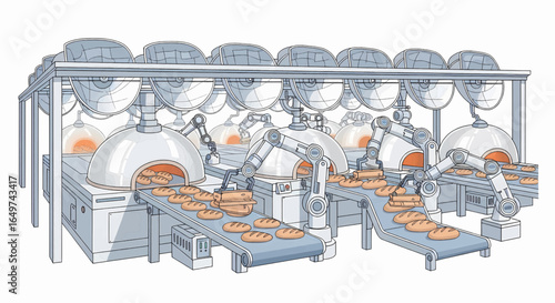 Automated Bakery Robots at Work Baking Bread in a Modern Industrial Production Line