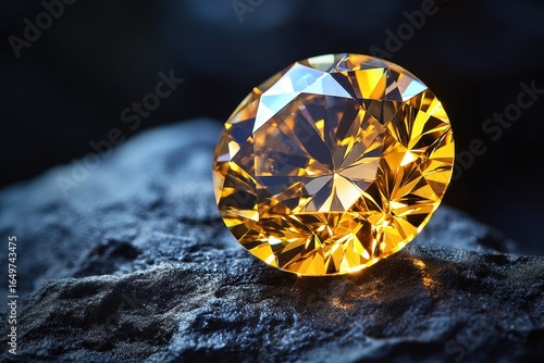 Brilliant yellow gemstone sparkling on dark textured surface