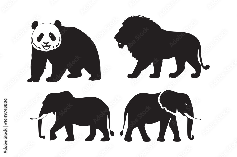 Naklejka premium Silhouettes of a panda lion and two elephants on a white background