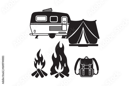 Camping icons trailer tent campfire backpack and wood