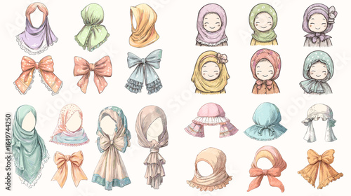 Pastel hijab and ribbon fashion illustration set. Cute headscarf styles with decorative bows for modest fashion, children’s clothing, and textile accessories design.