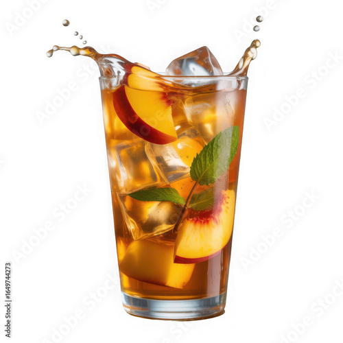 peach iced tea splashing in a glass isolated on a transparent background.
