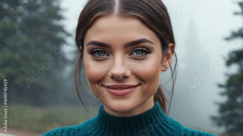 A beautiful portrait of a woman with blue eyes, a gentle smile, and a serene background, showcasing her natural beauty. 