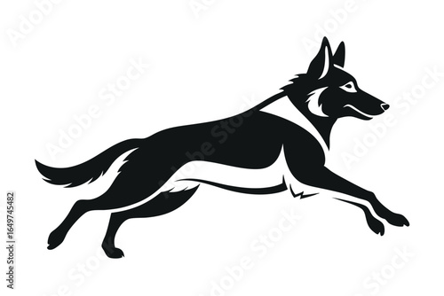 Black Silhouette of a Leaping German Shepherd Dog with Pointed Ears and Tail