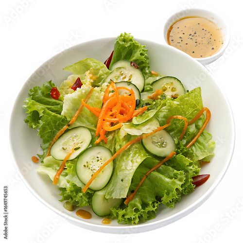 Ai generated image of fresh green salad with lettuce, cucumber slices, and shredded carrots, served with a side of vinaigrette dressing in a bowl, a healthy and refreshing meal, isolated on transparen