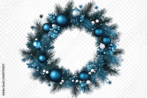 Elegant blue christmas wreath with ornaments and pine needles