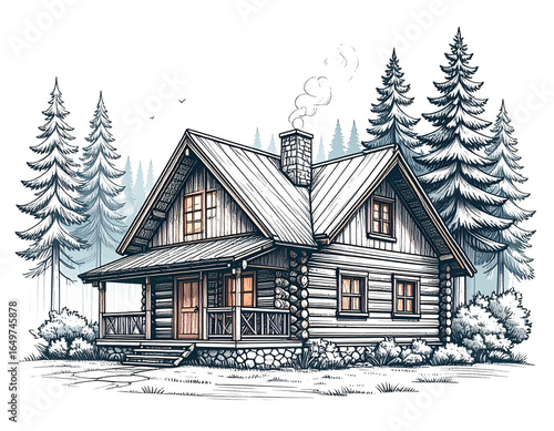 log cabin draft line art vector illustration