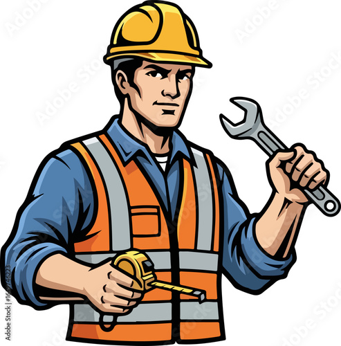Construction Worker Holding Tools Vector Illustration