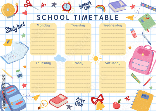 Colorful school timetable with cute doodle stationery and school supplies on checkered notebook paper. Weekly planner template for kids, students, teachers. Vector hand drawn childlike illustration