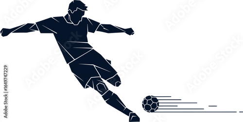 A stylized vector silhouette of a soccer striker in a dynamic pose. The minimalist design with clean, geometric lines is ideal for sports graphics and modern media projects.