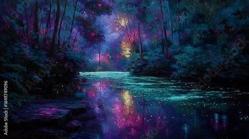 dark lush forest illuminated by a glowing bioluminescent river, vibrant colors reflecting on wet leaves, ethereal magical realism, fine details 