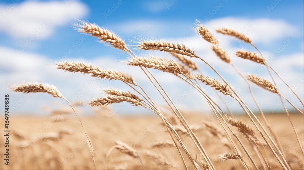 Fototapeta premium Golden wheat stalks sway gently in the breeze under a bright blue sky with fluffy clouds, capturing the essence of a serene agricultural landscape and nature's beauty