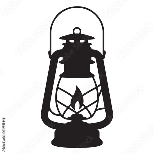 Black silhouette of a vintage oil lantern with a lit flame kerosene lamp antique