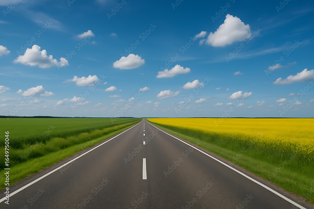 Fototapeta premium Straight road between green and yellow fields under blue sky, countryside landscape highway perspective, rural travel concept, summer scenic nature background, transportation journey route horizon ill