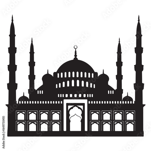 Black silhouette of a grand mosque with multiple domes and minarets Islamic architecture black and white