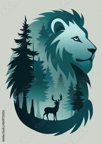 Lion and Deer in Forest – Double Exposure Vector Illustration