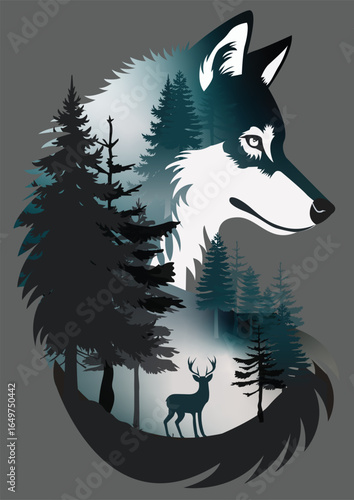 Wolf and Deer in Forest – Double Exposure Wildlife Vector