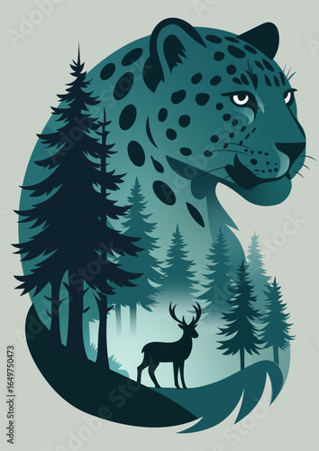 Leopard and Deer in Forest – Double Exposure Vector Illustration