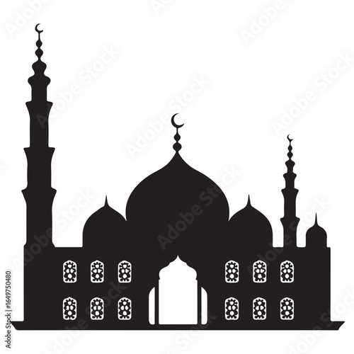 Black silhouette of a mosque with domes and minarets against white background Islamic architecture