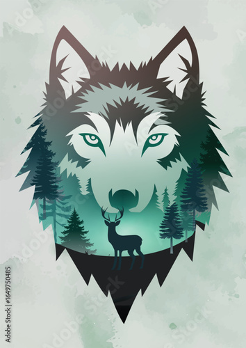 Wolf and Deer in Forest – Double Exposure Vector Illustration