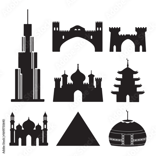 Collection of black silhouettes of diverse architectural landmarks and structures architecture building