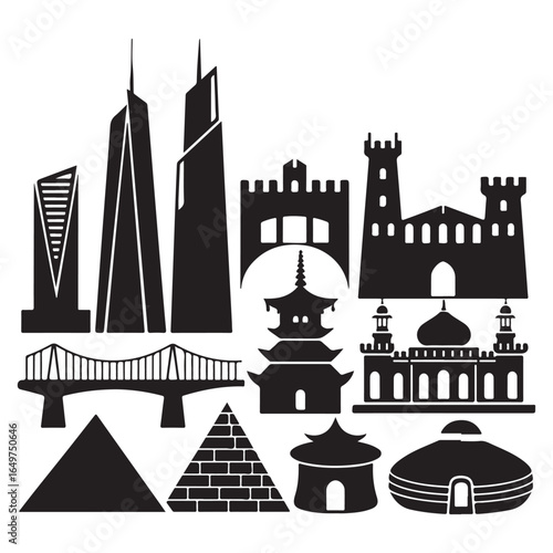 Collection of black silhouette landmarks and architectural styles on white background architecture building