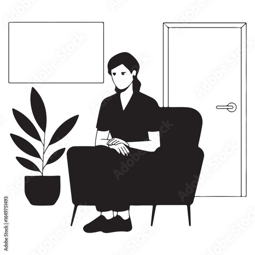 Woman sitting in armchair next to potted plant and door with blank frame vector