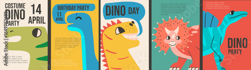 Set of different cartoon children's posters with cute dinosaurs and template text. Kids dino cards. 