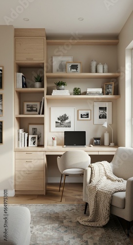 Stylish Work Haven: A modern home office setup exudes minimalist elegance. Featuring clean lines, natural wood tones, and a cozy atmosphere
