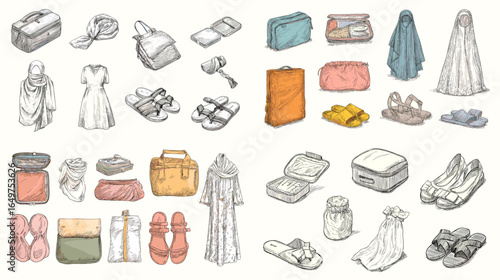 Illustration set of Hajj and Umrah essentials including bags, sandals, prayer clothes, and accessories. Hand-drawn design elements for Islamic pilgrimage preparation.