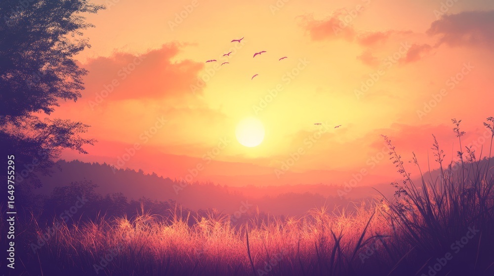 Fototapeta premium A soft-focus sunset with warm orange and pink hues blending into a peaceful sky, romantic and beautiful 