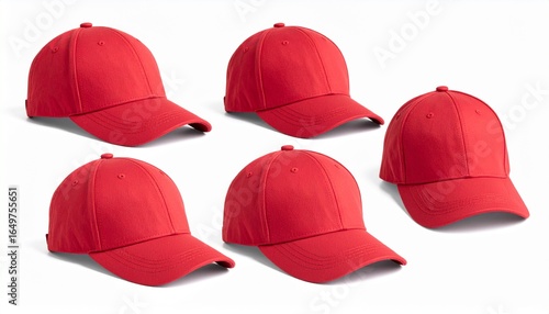 Five Red Baseball Caps Isolated on a White Background, Casual Headwear for Outdoor Activities and Sports