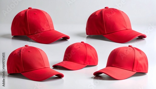 Collection of Five Plain Red Baseball Caps Arranged on a Clean White Surface, Ideal for Sportswear Apparel Merchandise Displays or Custom Branding Mockups