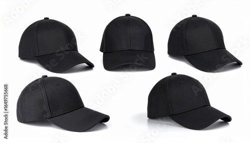 Black Baseball Caps Mockup Set of Five Views for Design Templates